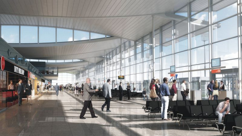Tak w przyszłości będzie wyglądała poczekalnia odlotów w nowym terminalu lotniska we Wrocławiu. Wizualizacja pochodzi z materiałów prasowych Portu Lotniczego Wrocław.
