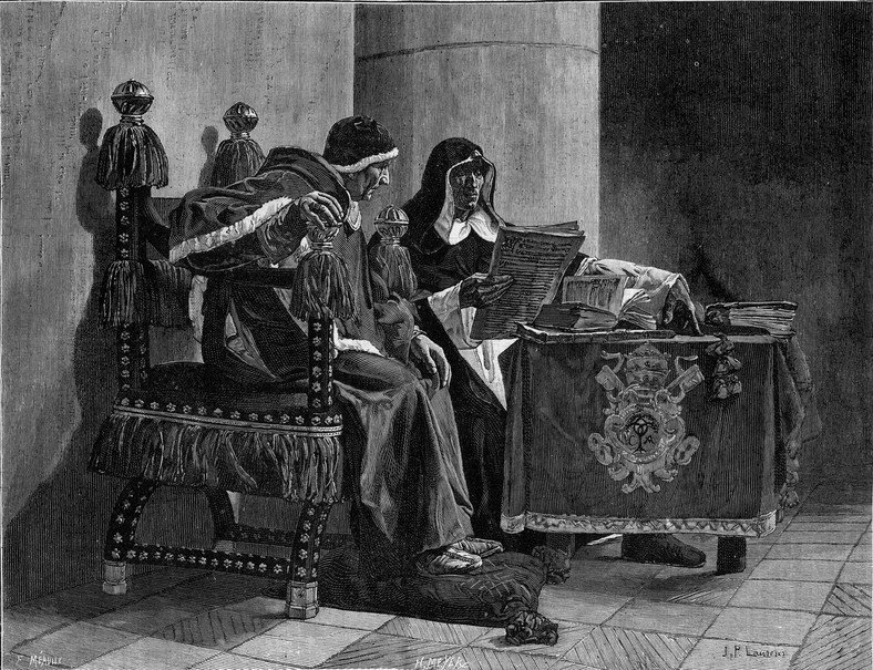 Papież Sykstus IV i Tomas de Torquemada, rycina według obrazu Jeana Paula Laurensa