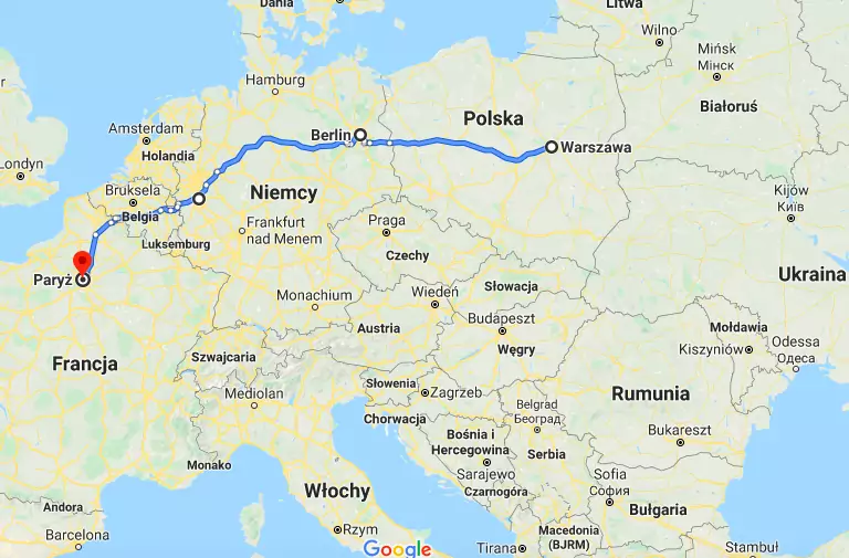 Warszawa -&gt; Berlin -&gt; Kolonia -&gt; Paryż (ok. 1630 km)