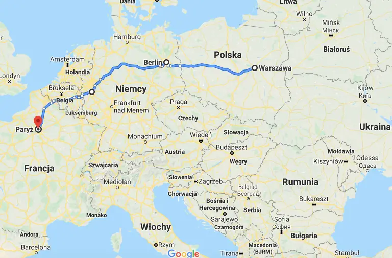 Warszawa -&gt; Berlin -&gt; Kolonia -&gt; Paryż (ok. 1630 km)