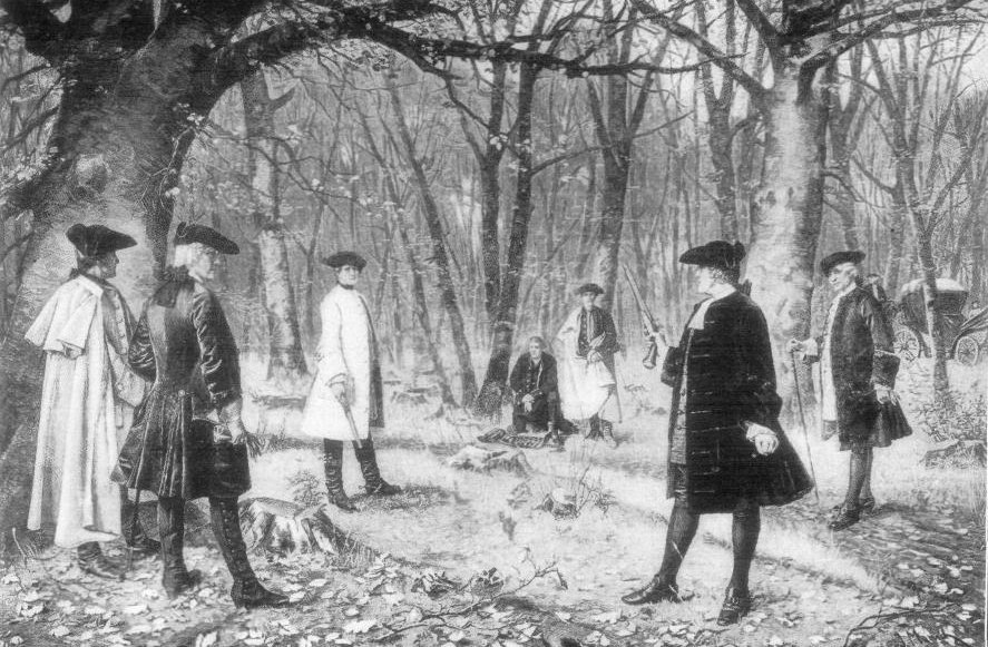Aaron Burr rani śmiertelnie w pojedynku Alexandra Hamiltona w dniu 11 lipca 1804 r.
