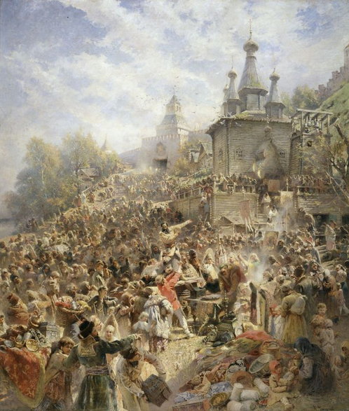 Kuźma Minin apeluje do mieszkańców Niżnego Nowogrodu o wszczęcie buntu przeciw Polakom (aut. Konstantin Makovski, 1896 rok, domena publiczna)