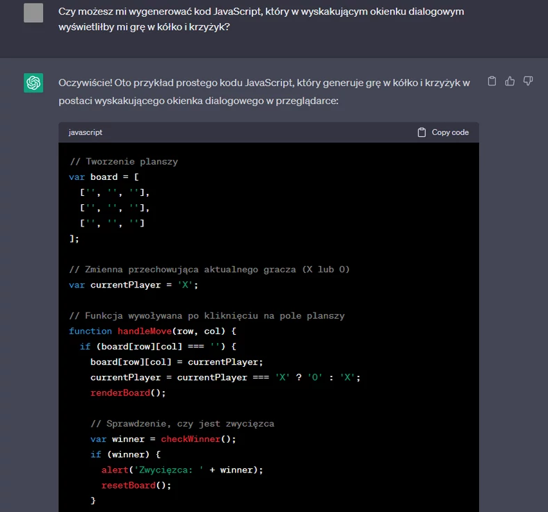 ChatGPT generuje grę w kółko i krzyżyk w JavaScript