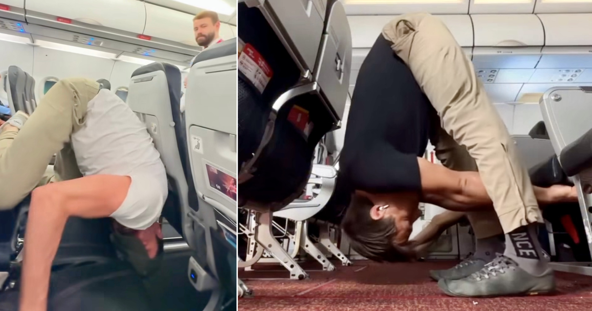 Wie sich mancher im Flugzeug dehnen kann - und mancher dabei scheitert ...