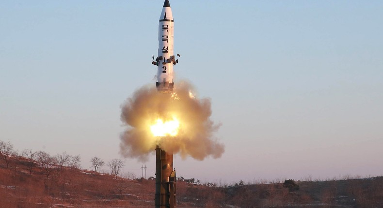 A view of the test-fire of Pukguksong-2, in this undated photo released by North Korea's Korean Central News Agency (KCNA) in Pyongyang February 13, 2017.