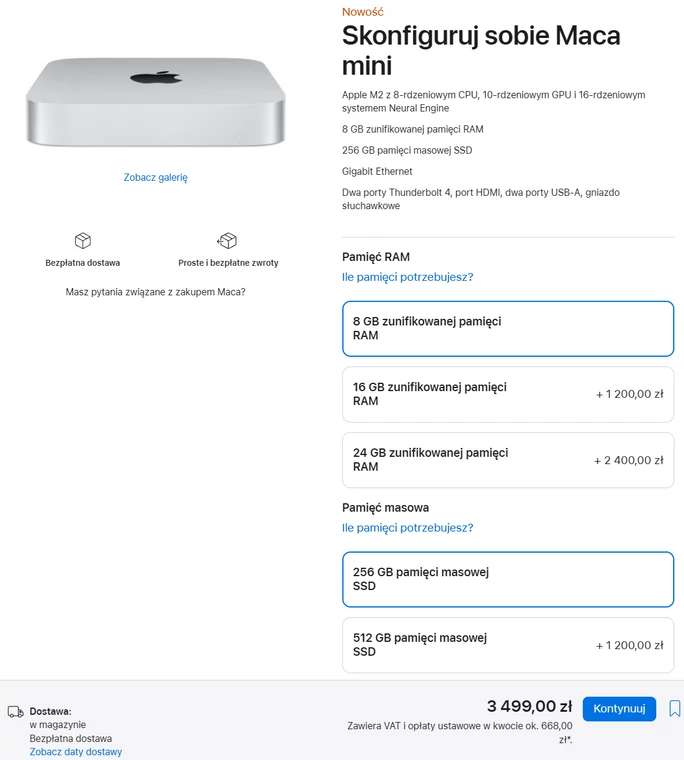 Apple Mac mini (2023) – cena konfiguracji z 8-rdzeniowym układem M2