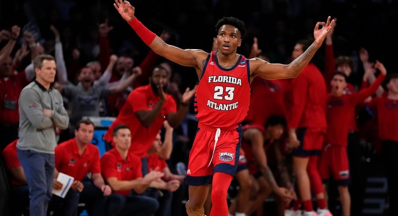 Florida Atlantic's Brandon Weatherspoon celebrates a three-pointer during the Elite Eight.AP Photo/Frank Franklin II