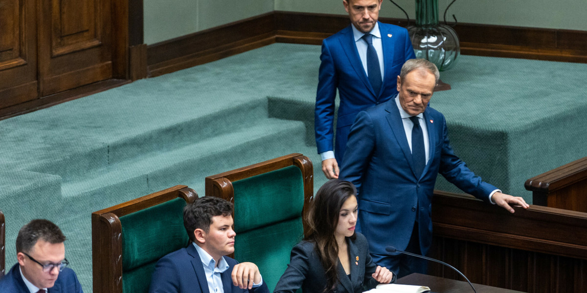 Pierwsze posiedzenia Sejmu X kadencji: Szymon Holownia, Adam Gomola, Aleksandra K. Wiśniewska, Donald Tusk, Borys Budka