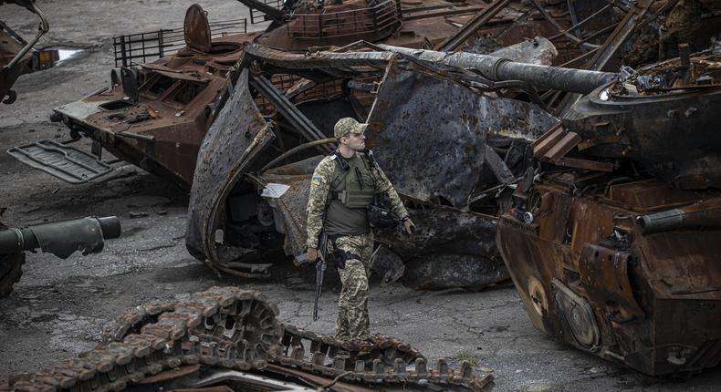 A view of destroyed armored vehicles and tanks belonging to Russian forces after Russian forces withdrawn from the city of Lyman in the Donetsk region (Donetsk Oblast), Ukraine on October 05, 2022.Metin Aktas/Anadolu Agency via Getty Images