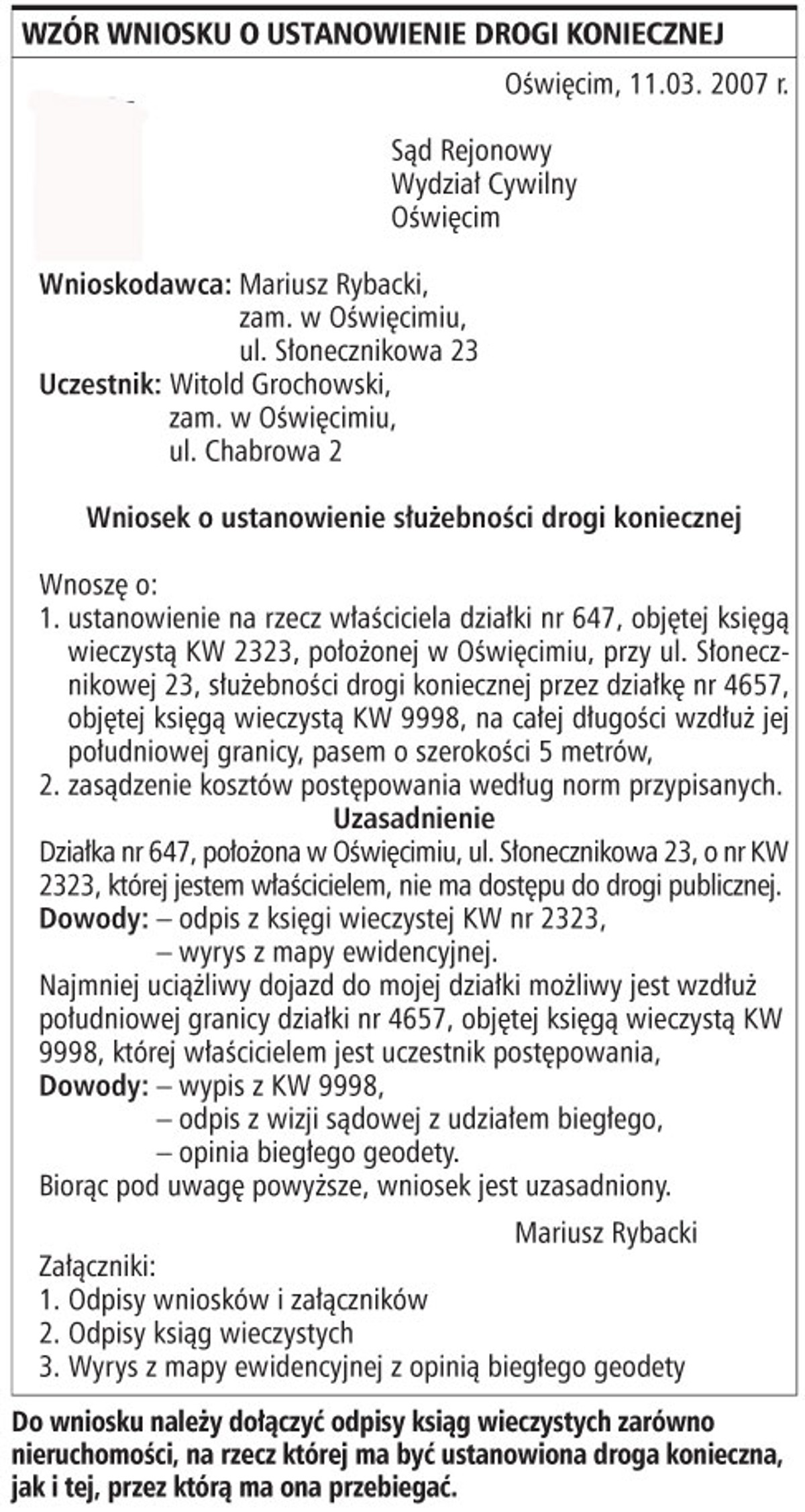 Wzór wniosku o ustanowienie drogi koniecznej