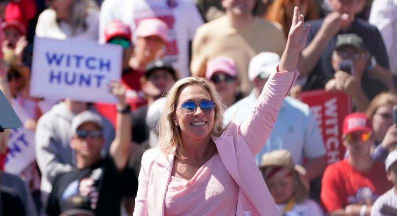 Former President Donald Trump praised Rep. Marjorie Taylor Greene of Georgia as brilliant during his rally in Waco, Tex., on March 25, 2023.AP Photo/Nathan Howard