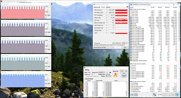 Parametry CPU i GPU podczas pracy z maksymalnym obciążeniem z użyciem układu chłodzenia cieczą  (kliknij, żeby powiększyć)