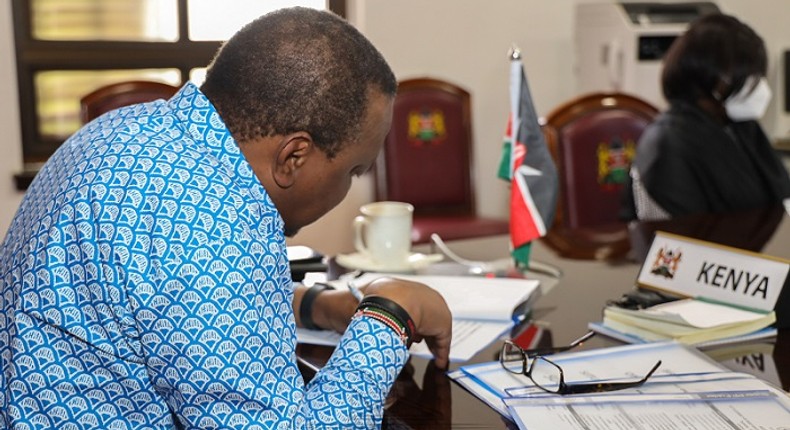 President Uhuru Kenyatta during a virtual meeting at his office