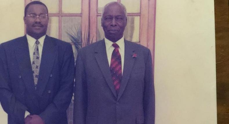 A file photo of the late Daniel arap Moi (right) with his relative who is the current Soy MP Caleb Kositany  