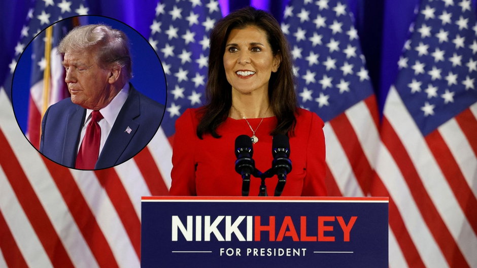 Nikki Haley w Karolinie Południowej, 6 marca 2024 r. (w kółku: Donald Trump)