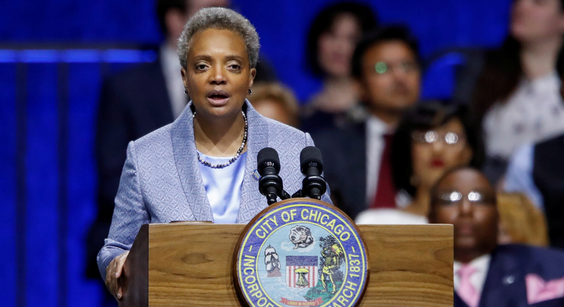 FILE PHOTO: Lori Lightfoot speaks after being sworn in as Chicago's 56th mayor by Judge Susan E. Cox during an inauguration ceremony at Wintrust Arena in Chicago, Illinois, U.S. May 20, 2019. REUTERS/Kamil Krzaczynski/File Photo