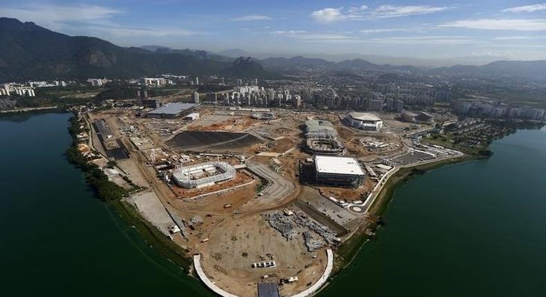 An aerial view of the Rio 2016 Olympic Park construction site in Rio de Janeiro February 26, 2015. REUTERS/Ricardo Moraes )