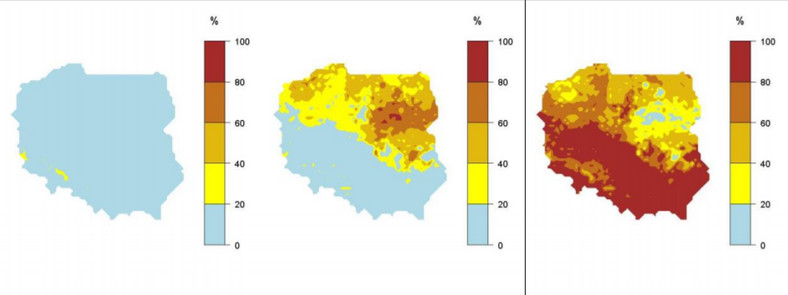 Prawdopodobieństwo wystąpienia kolejno klas „poniżej normy”, „w normie” i „powyżej normy”dla średniej temperatury powietrza w sierpniu 2020 r. (model klasyfikatora Bayesa)