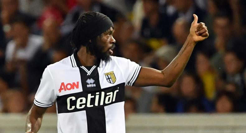 Ivory Coast star Gervinho signals his goal for Parma against Juventus in Serie A last season