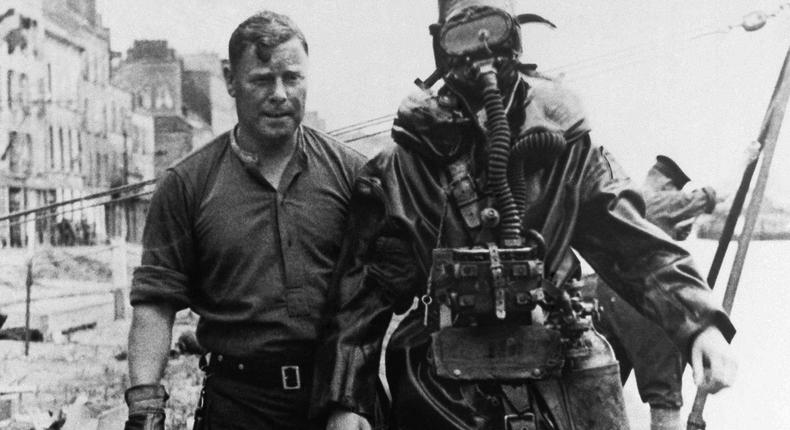 A diver from the British Royal Navy wore a self-contained suit without a cable attaching him to a ship in 1944.AP Photo