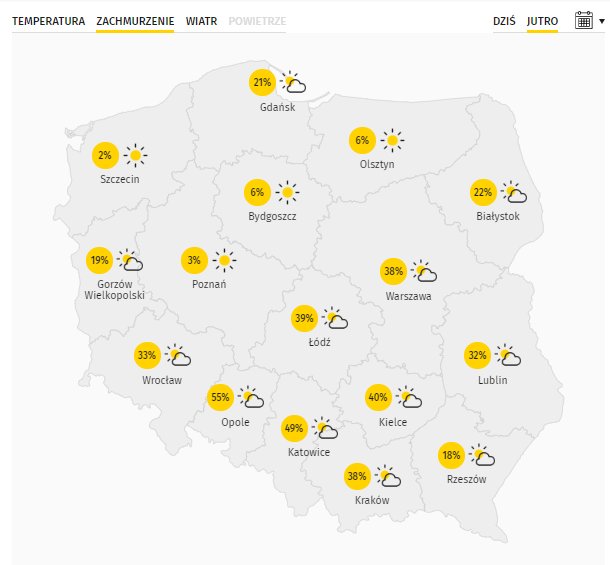 Zachmurzenie nad Polską w czwartek