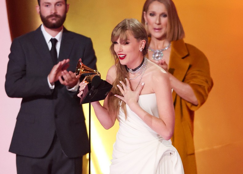 Swift accepting the award for album of the year for Midnights at the 66th Grammy Awards.Christopher Polk/Billboard via Getty Images
