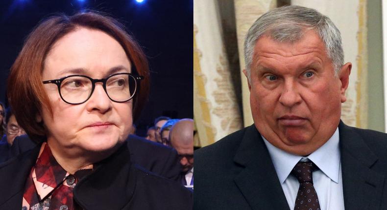 Russian central banker Elvira Nabiullina and Rosneft CEO Igor Sechin.Getty Images, Mikhail Svetlov/Getty Images