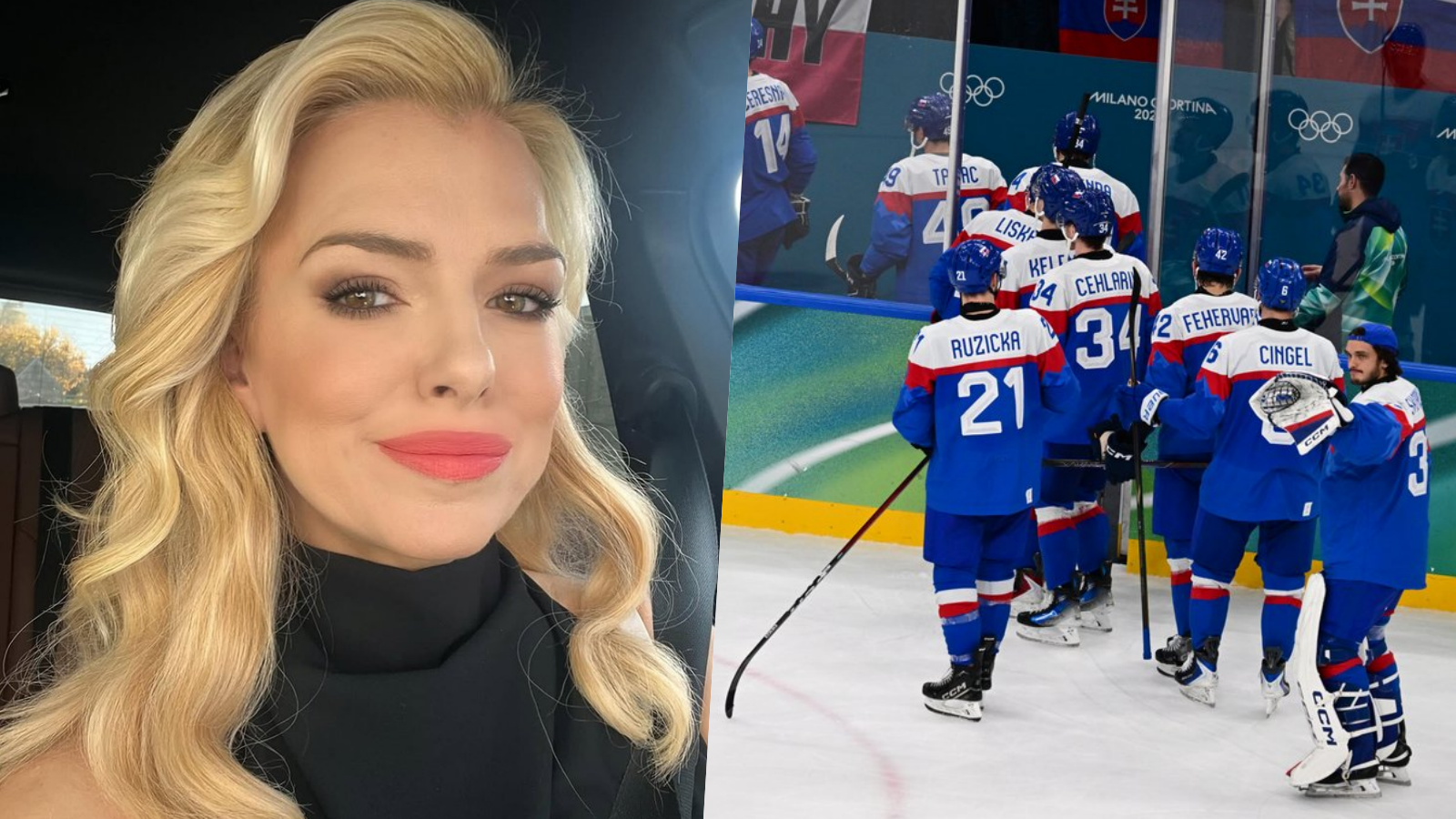 Moderátorka Zlatica Švajdová Puškárová a slovenskí hokejisti po prehre s Fínskom. 