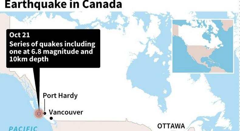 Map locating the earthquake off the western coast of Canada