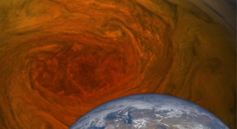 Jupiter's Great Red Spot, as seen by NASA's Juno probe on July 10, 2017, compared to the size of Earth.