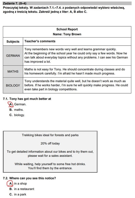 Egzamin ósmoklasisty 2023. Język angielski. Zadania 7.1 i 7.2