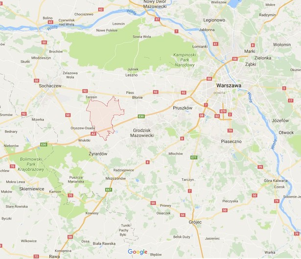 Lokalizacja gminy Baranów (na czerwono). Źródło: Google Maps