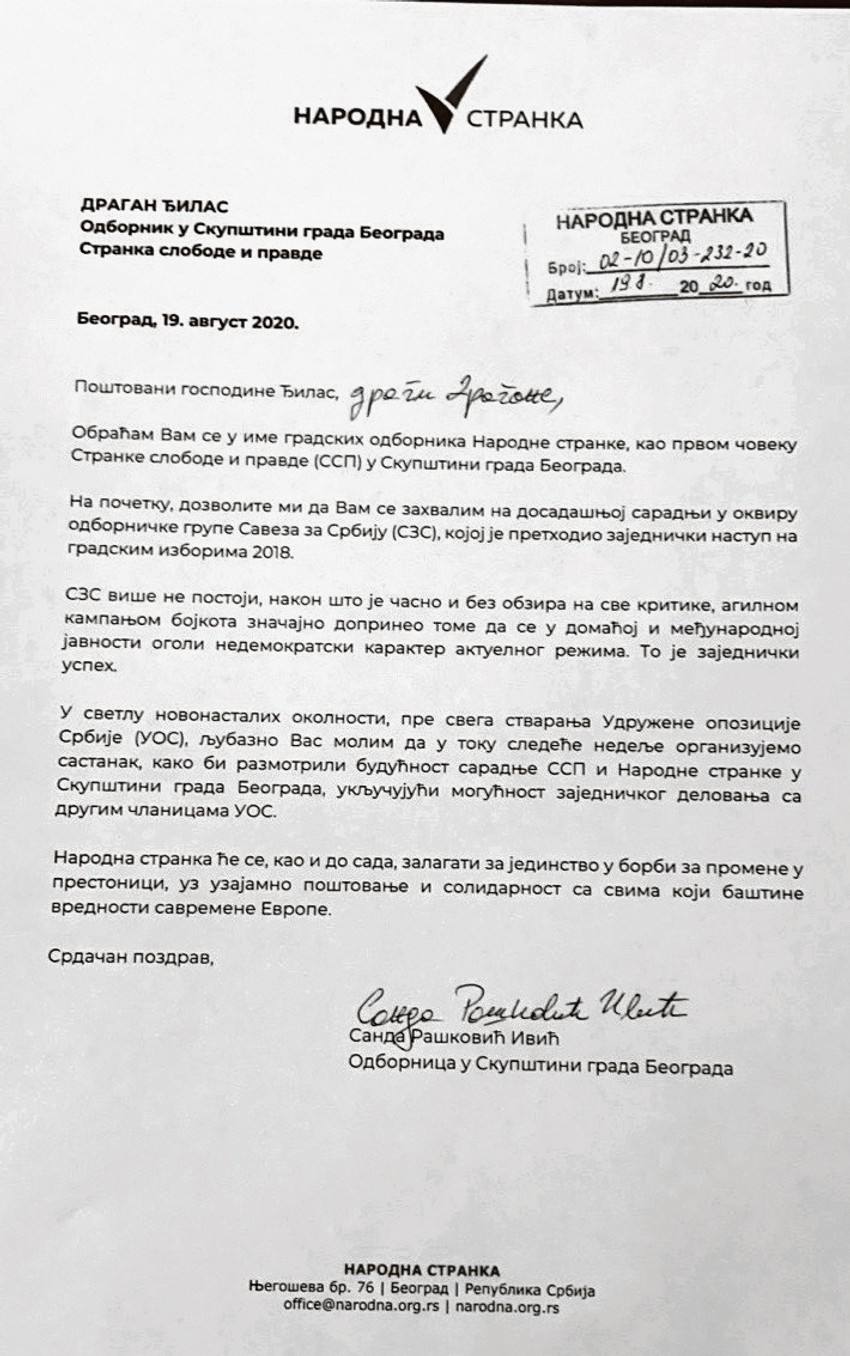 U pismu stoji da je NS za saradnju “sa svima koji baštine vrednosti savremene Evrope“, iz čega se može zaključiti da tu nema mesta za Nikolu Jovanovića