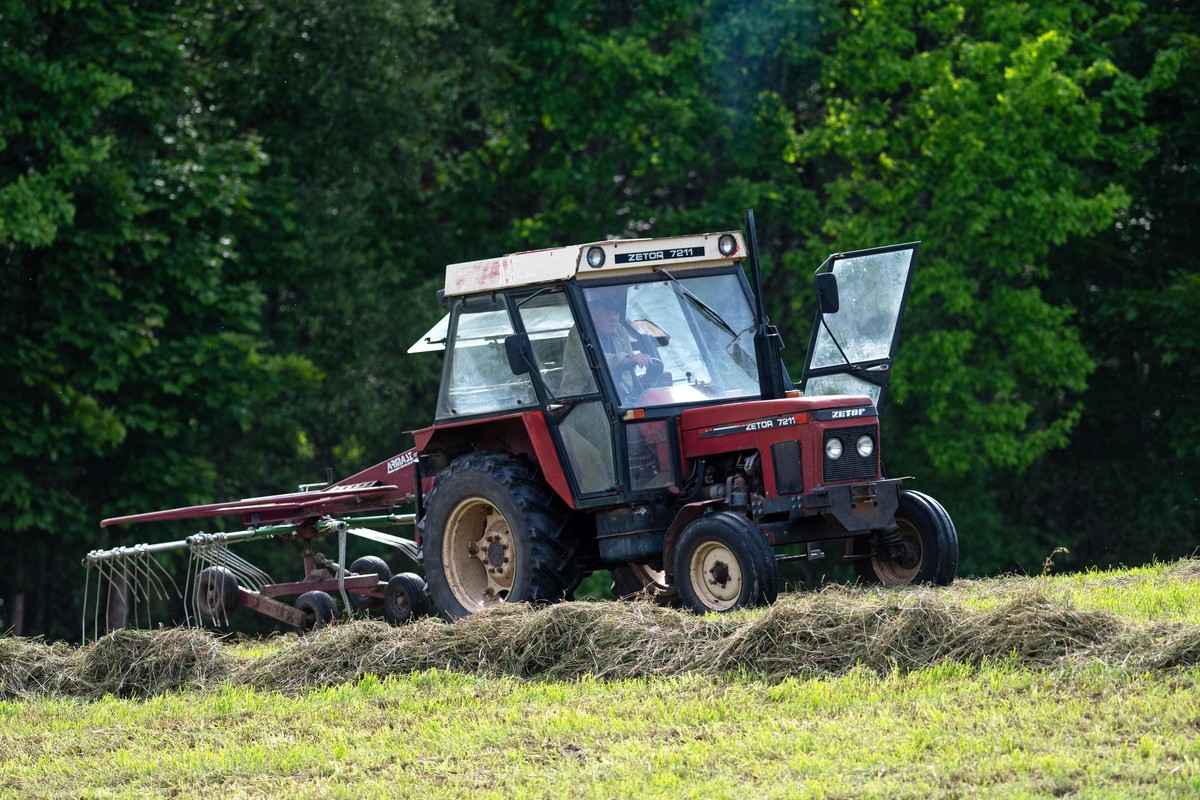 Czerwony ciągnik rolniczy Zetor 7211 z przyczepioną maszyną do zgrabiania siana pracuje na polu, w tle widoczne drzewa.