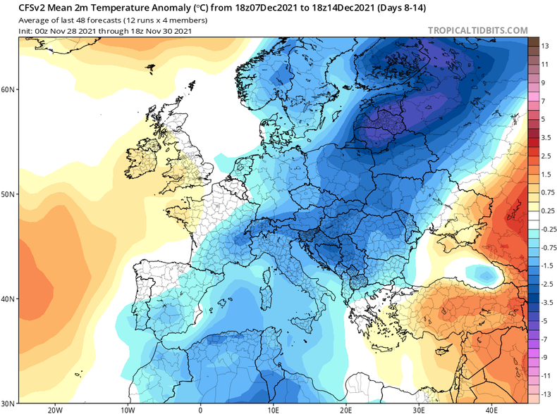 Anomalia temperatury w Europie od 7 do 14 grudnia 2021 r.