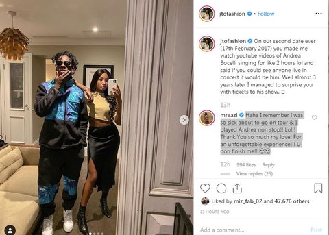 Obviously pleased by her gesture, Mr Eazi took to her Instagram comment section where he professed his undying love for her. [Instagram/JTOFashion]