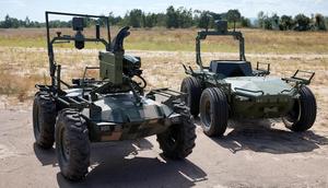 Experimental drones being tested by Ukrainian forces, seen in a photo shared on August 28, 2023 by state-affiliated media. The drone on the left is mounted by what what seems to be a turret.Facebook/@