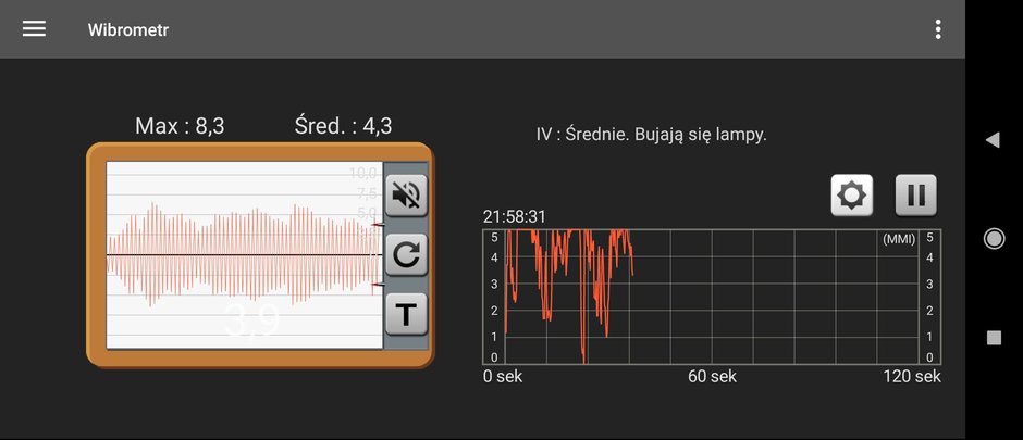 Aplikacja Wibrometr poinformuje nas o sile drgań oraz porówna je do objawów, jakie przyniosłyby wstrząsy sejsmiczne o tych samych wartościach