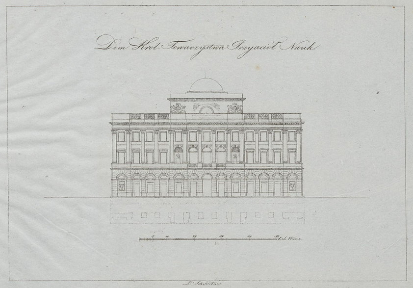 Rok 1823, projekt przebudowy Pałacu Staszica, przeprowadzonej w latach 1820-1823. Fot. "Zbiór celnieyszych gmachów miasta stołecznego Warszawy: częścią z natury zdjętych, a częścią podług istniejących planów rysowany i litografowany przez Leonarda Schmidtnera."