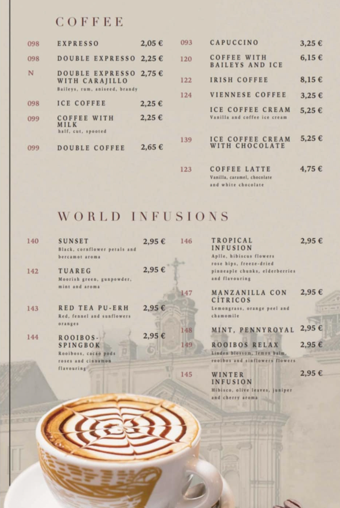 Menu kaviarne v Seville.
