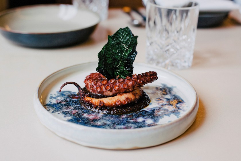 KLASSIKER Das Signature-Dish, das aus Nachhaltigkeitsgründen von der Karte genommen wurde: Oktopus-Confit auf Krapao-Sauce. 