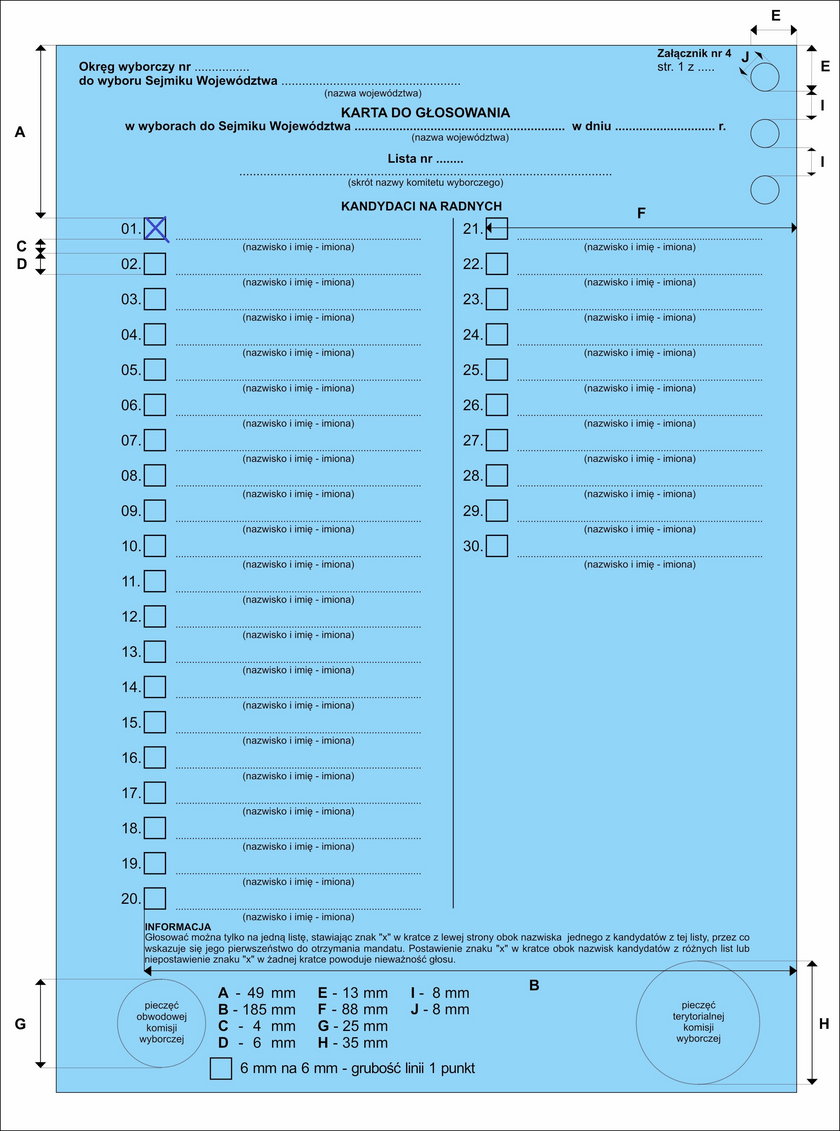 Karta do głosowania na kandydatów do sejmików wojewódzkich
