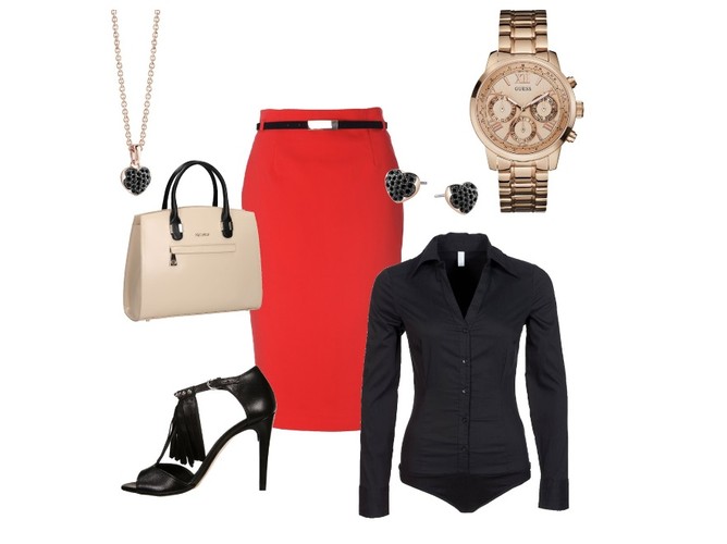 Modny duet czerwieni i złota. Elegancka STYLIZACJA do pracy