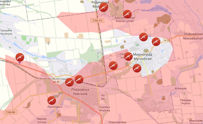 Deo mape teritorija koje je Rusija osvojila, sa naglaskom na jedno od ključnih žarišta - Pokrovsk, 24. decembar 2025.