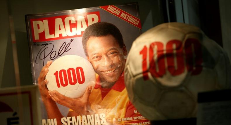 Pele displayed items celebrating his 1,000th goal before a memorabilia auction in London in 2016
