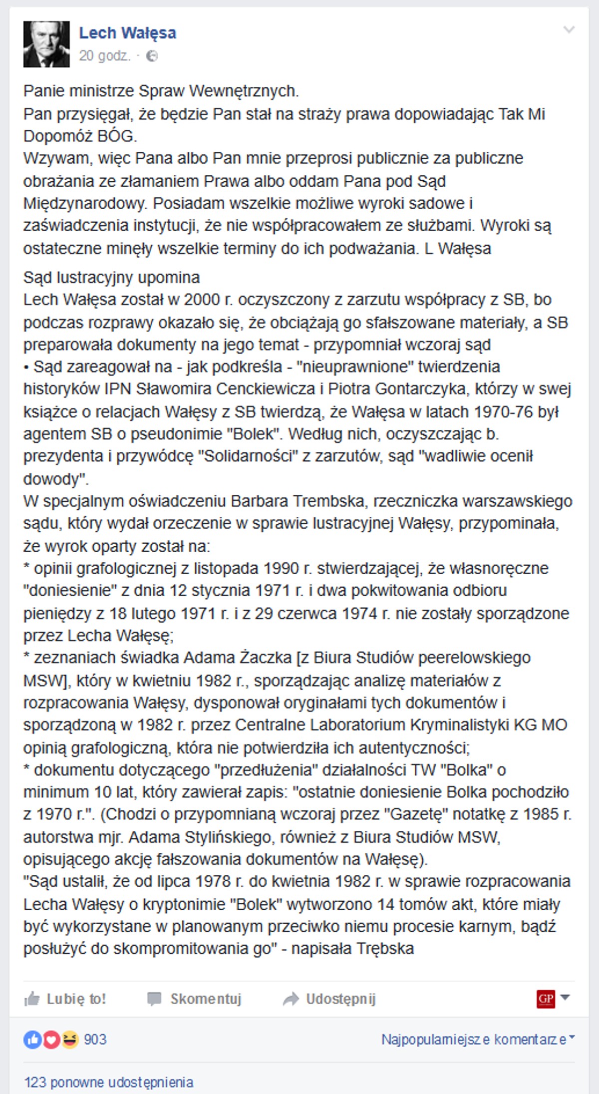Post z profilu FB Lecha Wałęsy
