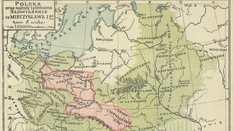 Mapa przedstawia rozmieszczenie plemion słowiańskich na podstawie wiedzy historyków okresu polski międzywojennej, Atlas historyczny Polski, J. M. Bazewicz, 1923 r.