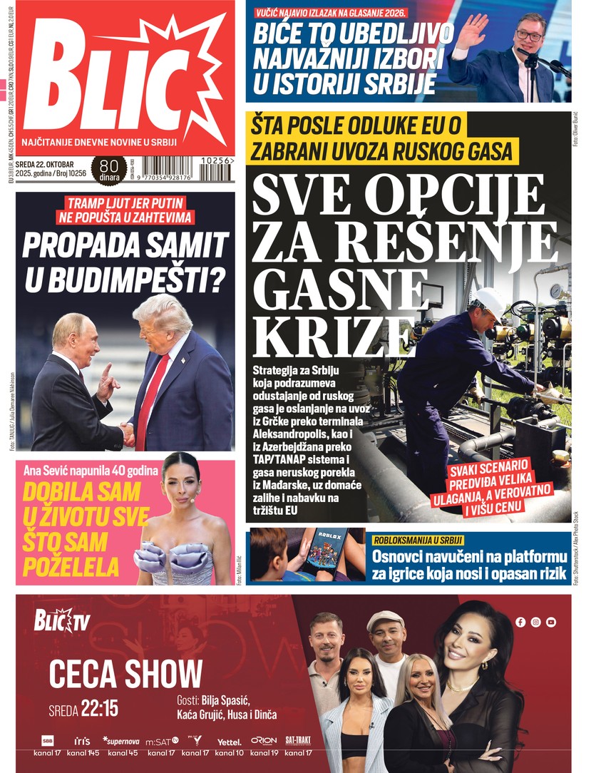 Blic naslovna strana za 22.10.