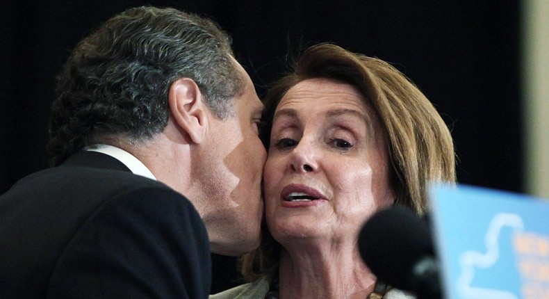 Andrew Cuomo greets Nancy Pelosi at an event at New York University where Cuomo signed into law a new affirmative sexual consent policy to combat campus sexual violence on July 7, 2015 in New York City.
