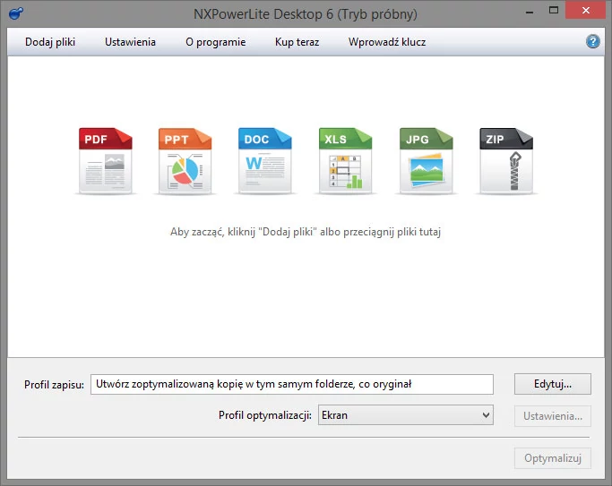 Główne okno programu do zmniejszania rozmiarów plików - NXPowerLite Desktop Edition